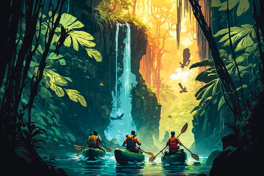 A group of friends kayaking to a hidden waterfall in a tropical jungle, illustration - Generative AI