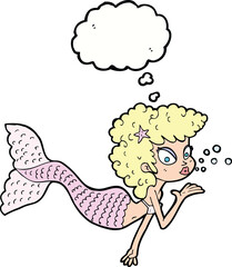 Obraz premium cartoon mermaid blowing kiss with thought bubble
