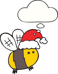 cute cartoon bee wearing christmas hat and thought bubble