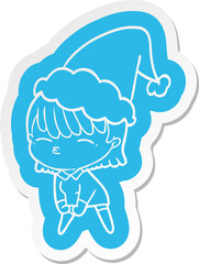 cartoon  sticker of a woman wearing santa hat