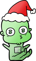 gradient cartoon of a weird bald spaceman wearing santa hat
