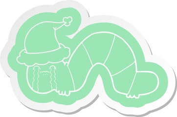 cartoon  sticker of a caterpillar obsessing over his regrets wearing santa hat
