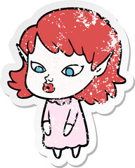 distressed sticker of a cartoon elf girl with pointy ears