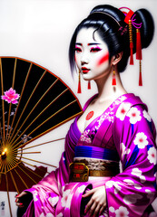 A modern drawing of a geisha in japan. Geisha in classic Japanese costume. Drawing of a Japanese woman in a classic costume. Geisha drawing in Japanese culture. Colorful makeup in Japan. Generative AI