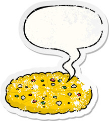 cartoon double cheese pizza and speech bubble distressed sticker