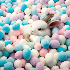illustration of a white cute fluffy bunny almost sleeping in a sea of easter eggs, made with generative ai