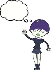 cartoon vampire girl waving with thought bubble