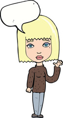 cartoon woman waving with speech bubble