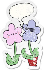 cute cartoon flower and speech bubble distressed sticker