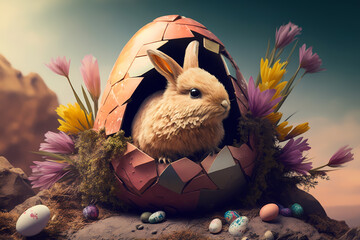 illustration of a cute easter bunny peeking out of a large cracked easter egg, spring flowers around the egg, small easter eggs on the ground, made with generative ai
