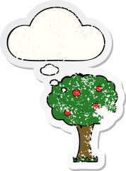 cartoon apple tree and thought bubble as a distressed worn sticker