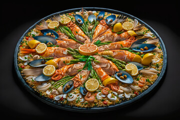 composition of a seafood paella, with a variety of shellfish, fish, and rice arranged in an aesthetically pleasing pattern - Generative AI