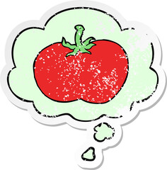 cartoon tomato and thought bubble as a distressed worn sticker