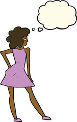 cartoon woman posing in dress with thought bubble