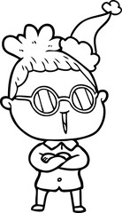 line drawing of a woman wearing spectacles wearing santa hat