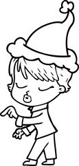 line drawing of a woman with eyes shut wearing santa hat