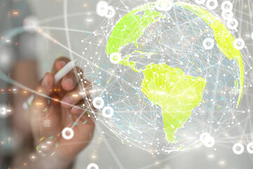 abstract lines with dots over dark background.  - 3D digital