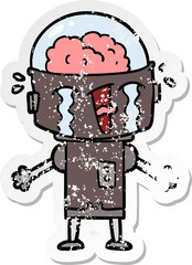 distressed sticker of a cartoon crying robot