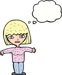 cartoon woman with open arms with thought bubble