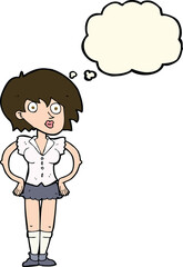 cartoon surprised woman with hands on hips with thought bubble
