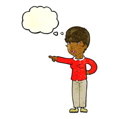 cartoon woman pointing finger of blame with thought bubble