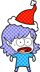 comic book style illustration of a shocked elf girl wearing santa hat
