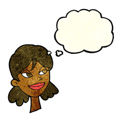 cartoon happy female face with thought bubble