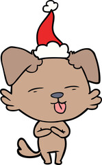 line drawing of a dog sticking out tongue wearing santa hat