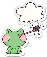 cute cartoon frog catching fly and tongue and speech bubble sticker
