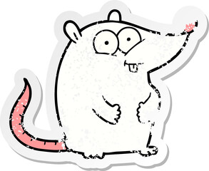 distressed sticker of a cartoon happy white lab mouse