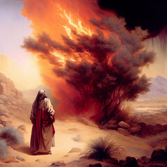 Moses with the burning bush, old Testament and jewish Torah, Book of Exodus, religion, generative AI