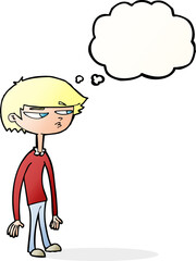 cartoon suspicious boy with thought bubble