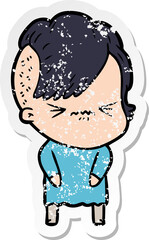 distressed sticker of a cartoon annoyed hipster girl