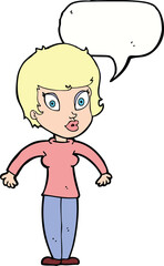 cartoon woman shrugging shoulders with speech bubble