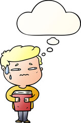 cartoon anxious boy carrying book and thought bubble in smooth gradient style