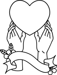 black linework tattoo with banner of a hands reaching for a heart