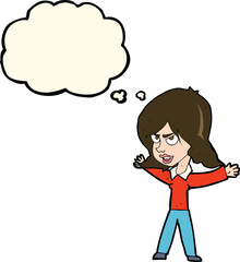 cartoon woman gesturing with thought bubble