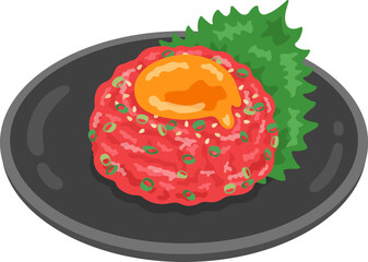 皿に盛り付けられた、牛ユッケのイラスト