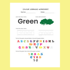 Green Color recognition and spelling learning worksheet for kids. Unique children activity page.
