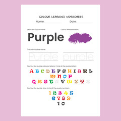 Purple Color recognition and spelling learning worksheet for kids. Unique children activity page.