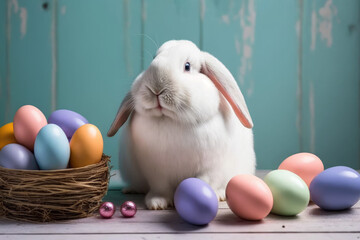 White easter bunny and easter eggs. Generative AI