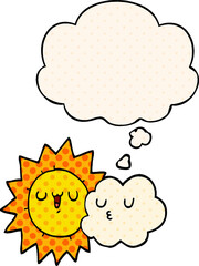 cartoon sun and cloud and thought bubble in comic book style