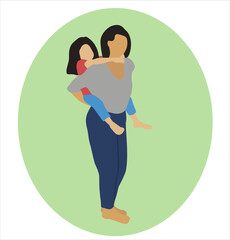 Vector illustration of a woman with a baby. Mother carrying her daughter on her back