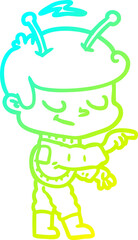 cold gradient line drawing friendly cartoon spaceman pointing