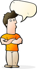 cartoon man with folded arms with speech bubble