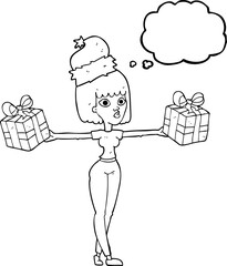thought bubble cartoon woman with xmas presents