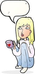 cartoon woman sitting with cup of coffee with speech bubble