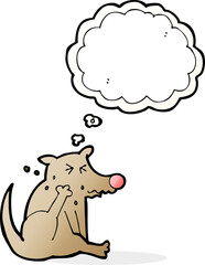 cartoon dog scratching with thought bubble