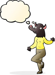 cartoon dancing werewolf woman with thought bubble