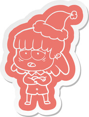 cartoon  sticker of a tired woman wearing santa hat